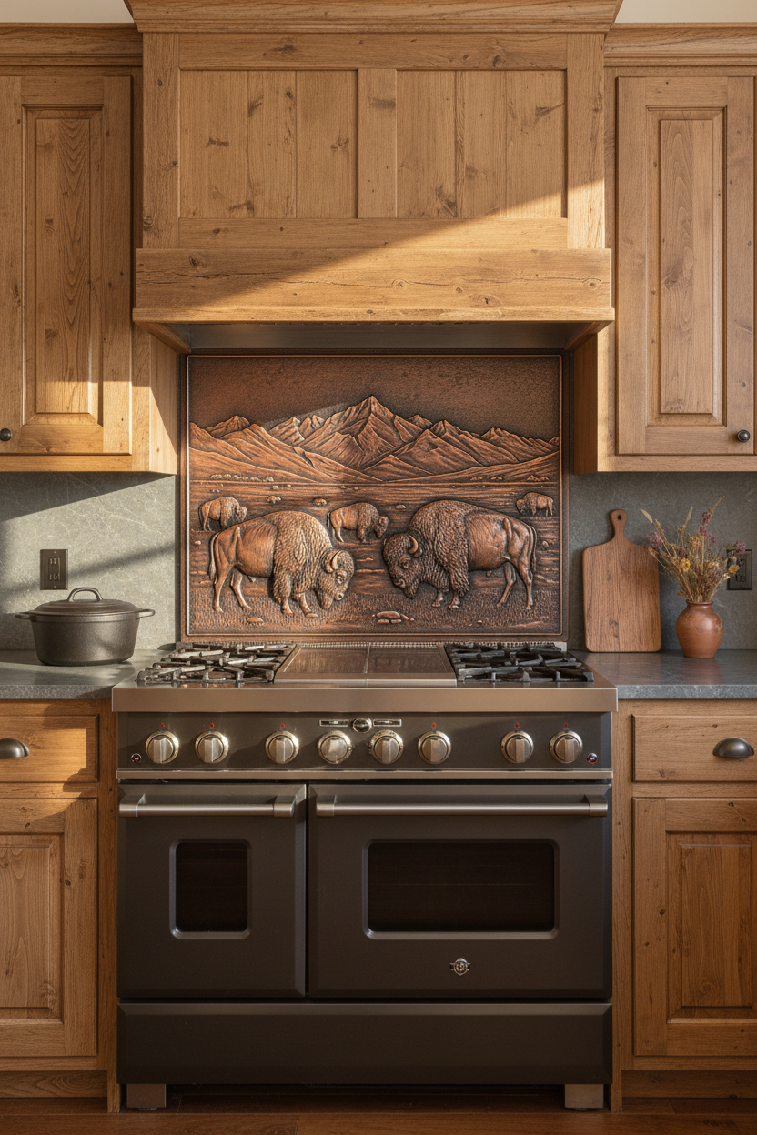 Hand-Hammered Bison in Valley Copper Backsplash in Western Ranch Kitchen with Pine Cabinets