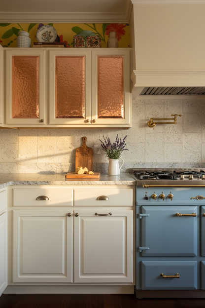 Hand-Hammered Copper Cabinet Door Inserts in French Country Kitchen with Cream Cabinets