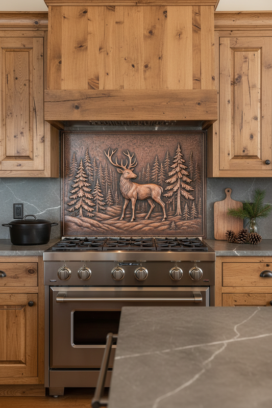 Hand-Hammered Copper Deer Forest Panel Backsplash in Mountain Lodge Kitchen with Pine Cabinets