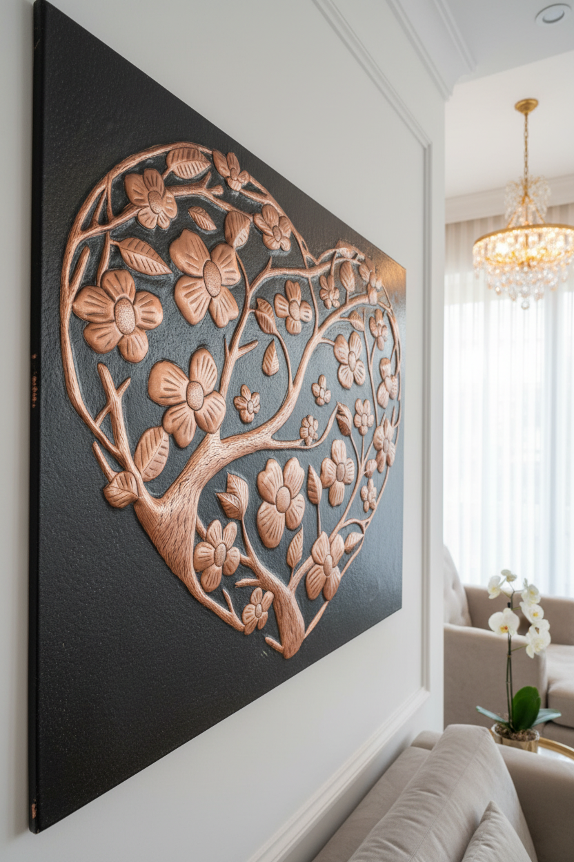 Hand-Hammered Copper Dogwood Heart Panel EXTREMELY CLOSE Angled Left View Floral Wall Art Ultra Luxury Upscale Designer Living Room
