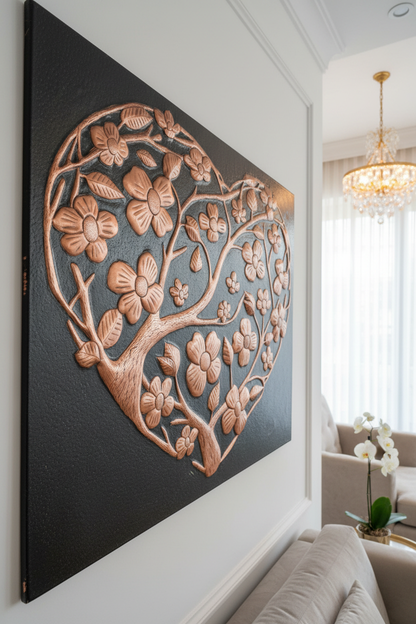 Hand-Hammered Copper Dogwood Heart Panel EXTREMELY CLOSE Angled Left View Floral Wall Art Ultra Luxury Upscale Designer Living Room