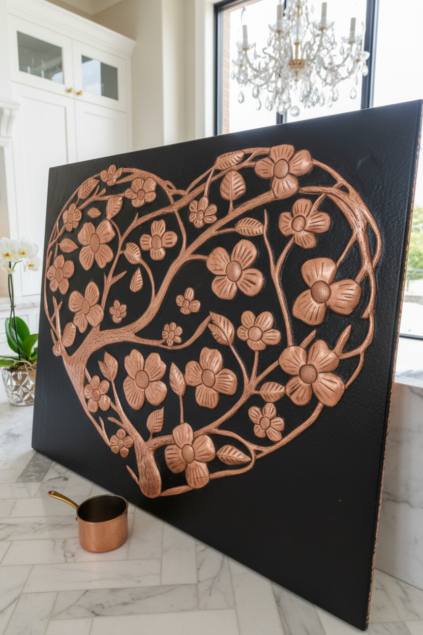 Hand-Hammered Copper Dogwood Heart Panel EXTREMELY CLOSE Angled Left View Kitchen Backsplash Behind Stove Ultra Luxury Upscale Designer Kitchen