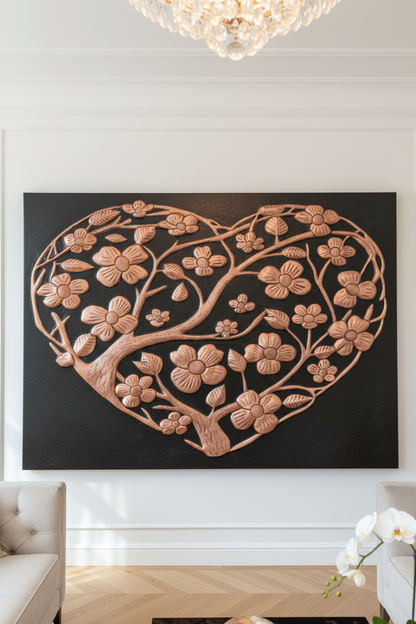 Hand-Hammered Copper Dogwood Heart Panel EXTREMELY CLOSE Front Direct View Floral Wall Art Ultra Luxury Upscale Designer Living Room