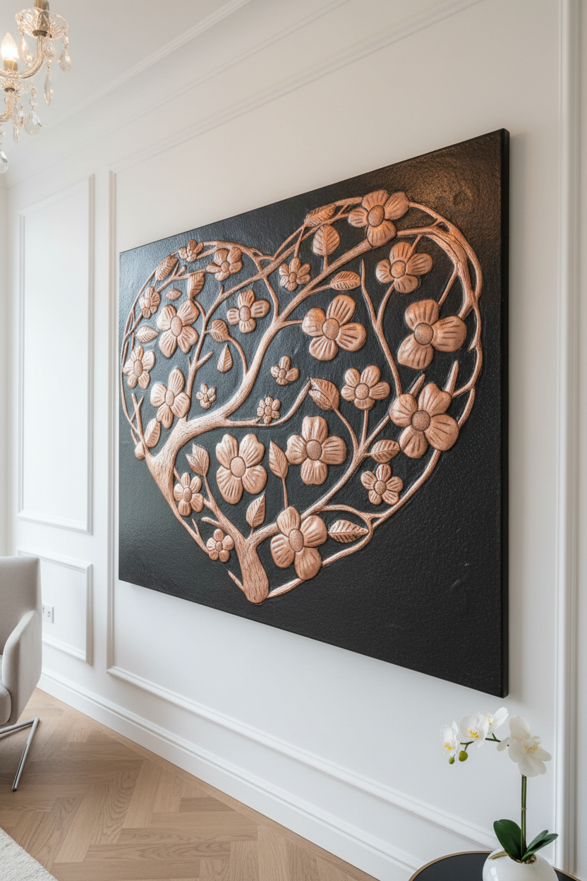 Hand-Hammered Copper Dogwood Heart Panel EXTREMELY CLOSE Slight Angled Left View Floral Wall Art Ultra Luxury Upscale Designer Living Room