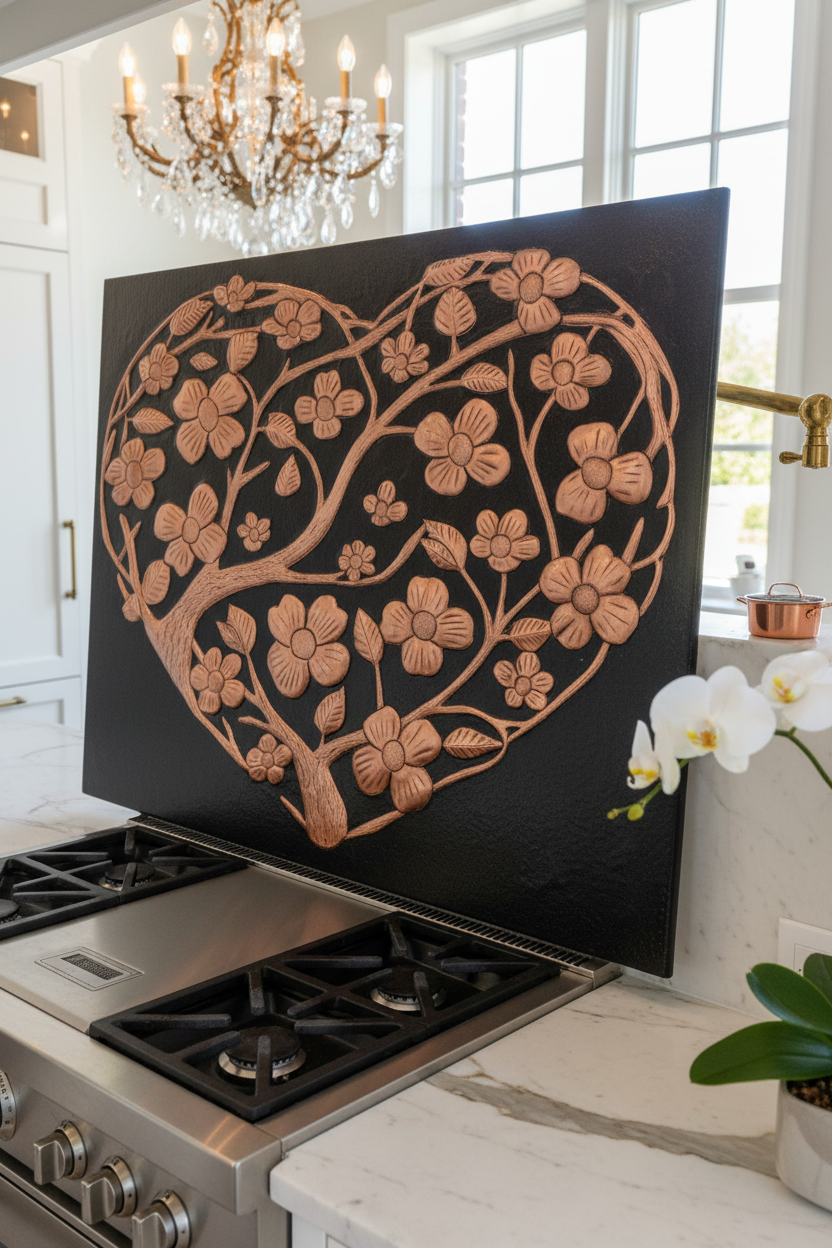 Hand-Hammered Copper Dogwood Heart Panel EXTREMELY CLOSE Slight Angled Left View Kitchen Backsplash Behind Stove Ultra Luxury Upscale Designer Kitchen
