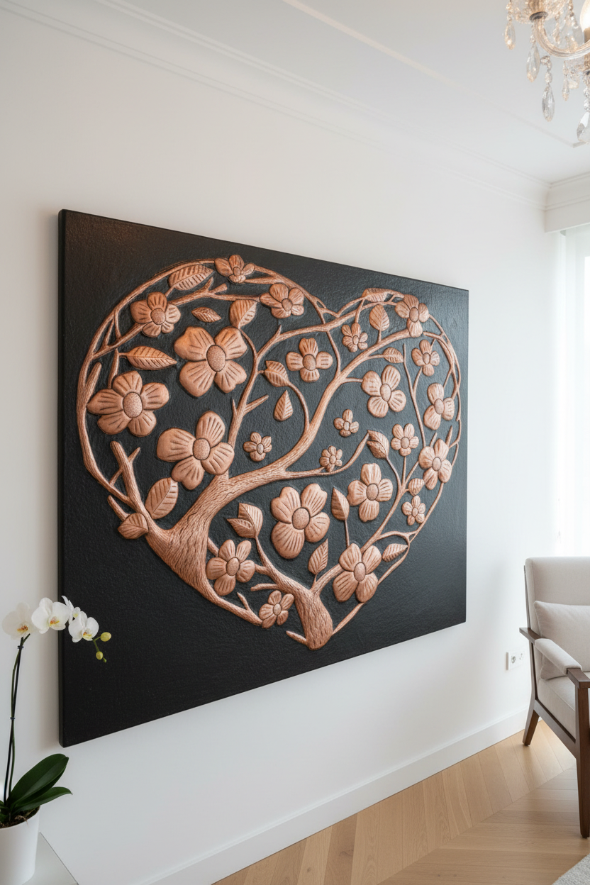 Hand-Hammered Copper Dogwood Heart Panel EXTREMELY CLOSE Slight Angled Right View Floral Wall Art Ultra Luxury Upscale Designer Living Room