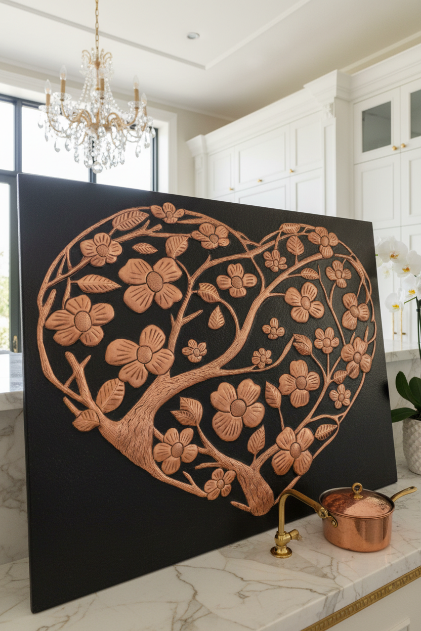 Hand-Hammered Copper Dogwood Heart Panel EXTREMELY CLOSE Slight Angled Right View Kitchen Backsplash Behind Stove Ultra Luxury Upscale Designer Kitchen