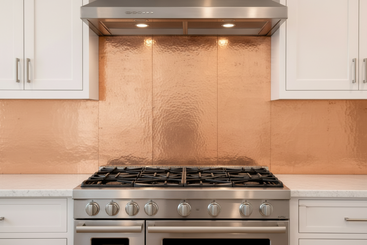Hand-Hammered Copper Kitchen Backsplash Panel