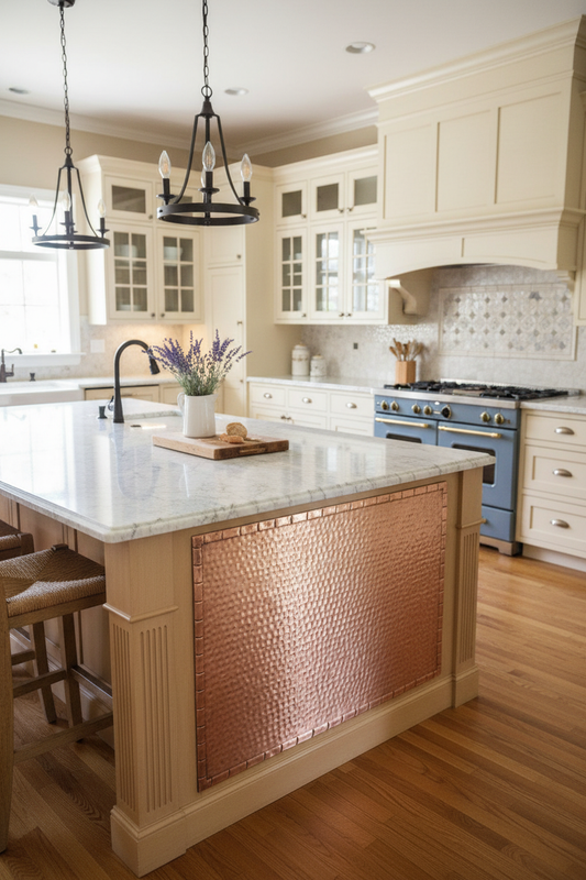 Hand-Hammered Copper Kitchen Island Panel Insert in French Country Kitchen with Marble Countertops