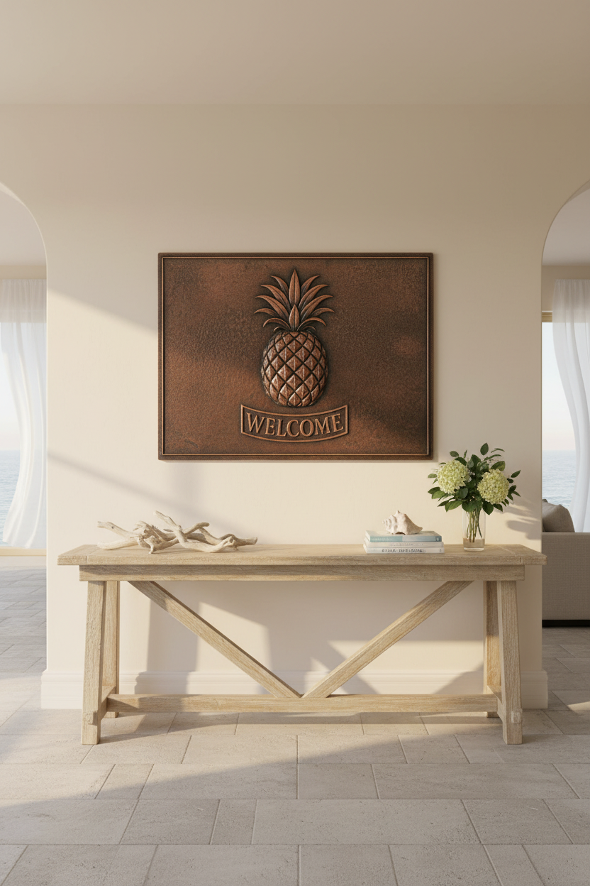 Hand-Hammered Copper Pineapple Welcome Sign in Coastal Entryway with Console Table