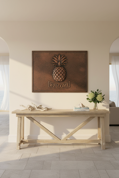 Hand-Hammered Copper Pineapple Welcome Sign in Coastal Entryway with Console Table