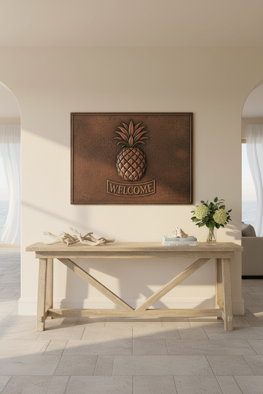 Hand-Hammered Copper Pineapple Welcome Sign in Coastal Entryway with Console Table