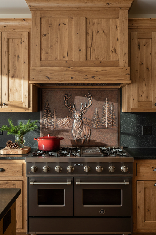 Hand-Hammered Deer in Forest Copper Backsplash in Rustic Mountain Lodge Kitchen with Pine Cabinets
