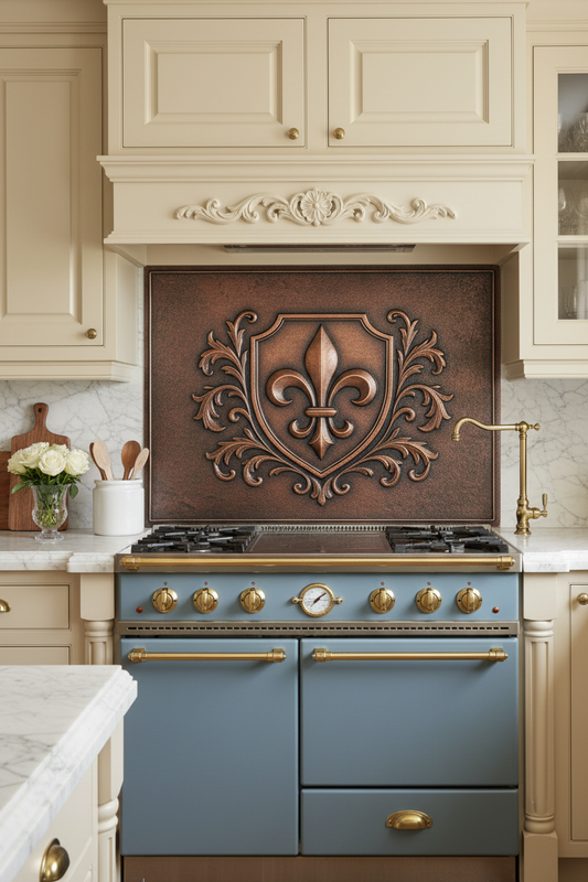 Hand-Hammered Fleur-de-Lis Copper Backsplash in French Provincial Kitchen with Cream Cabinets