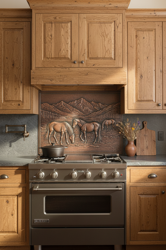 Hand-Hammered Horses in Valley Copper Backsplash in Western Ranch Kitchen with Pine Cabinets