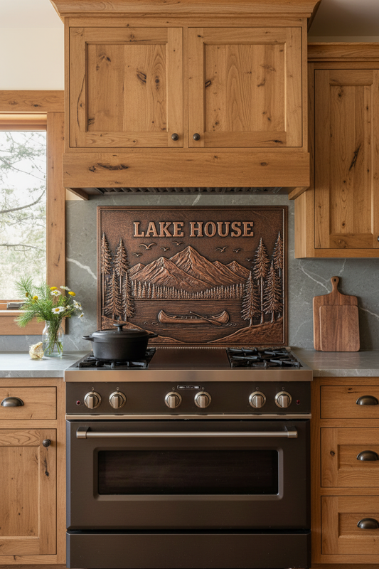 Hand-Hammered Lake House Copper Backsplash in Rustic Lake Cabin Kitchen with Pine Cabinets