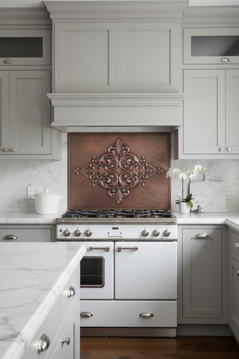 Hand-Hammered Ornate Scrollwork Copper Backsplash in Elegant Traditional Kitchen with Gray Cabinets