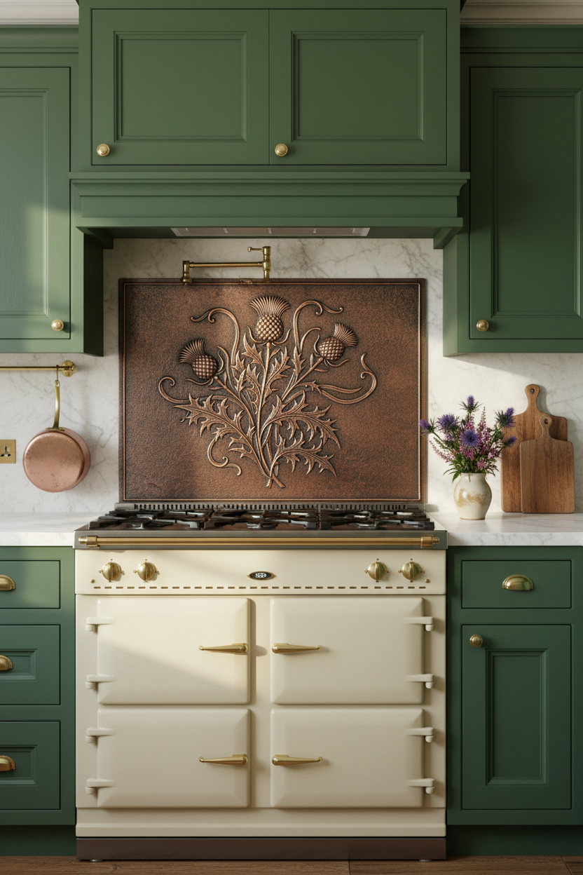 Hand-Hammered Thistle & Scroll Copper Backsplash in Scottish Manor Kitchen with Green Cabinets