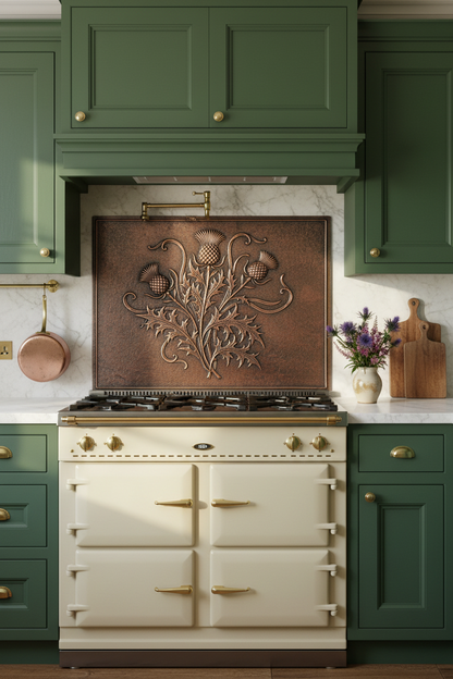 Hand-Hammered Thistle & Scroll Copper Backsplash in Scottish Manor Kitchen with Green Cabinets