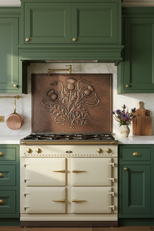 Hand-Hammered Thistle & Scroll Copper Backsplash in Scottish Manor Kitchen with Green Cabinets