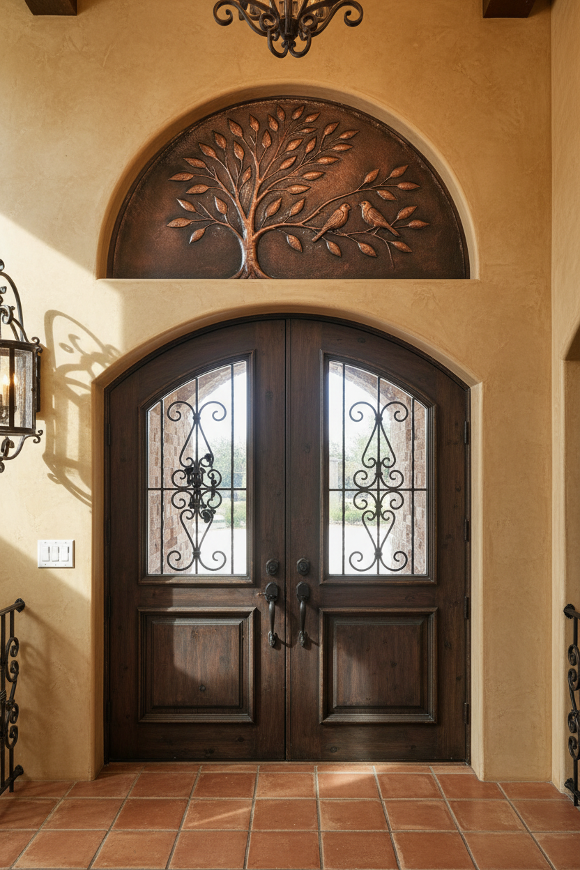 Handmade copper tree transom panel above elegant double doors in Mediterranean entryway