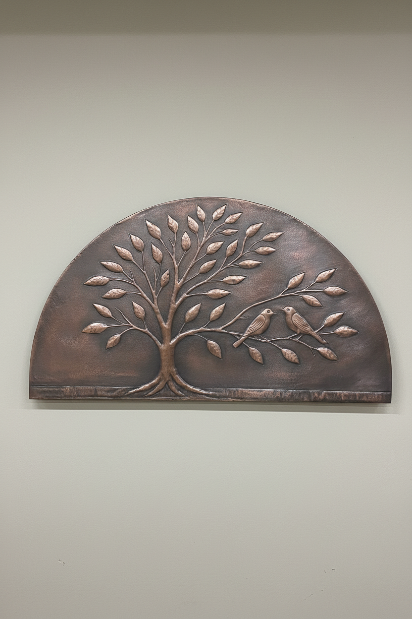 Handmade Copper Tree Wall Art Panel - arched panel close-up front view