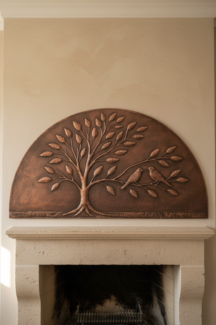 Handmade Copper Tree Wall Art Panel - close-up front view installed above fireplace