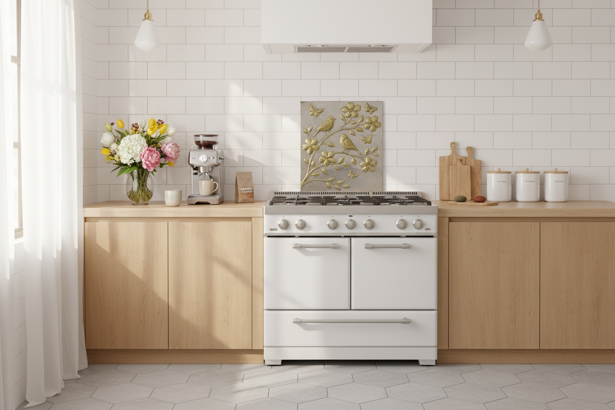 Handmade gold and silver metal stove backsplash with birds and flowers in bright white kitchen
