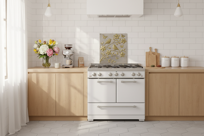 Handmade gold and silver metal stove backsplash with birds and flowers in bright white kitchen