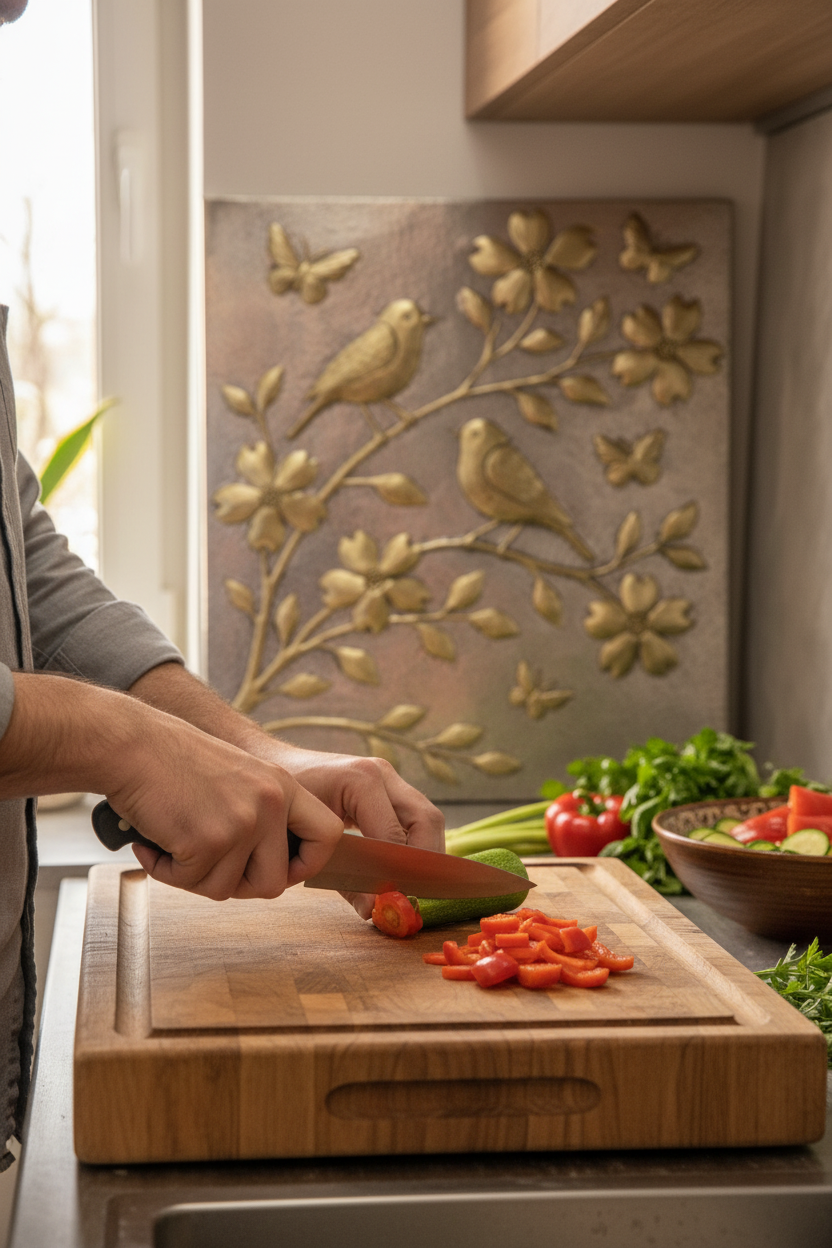 Home cooking lifestyle shot with artisanal gold and silver backsplash panel