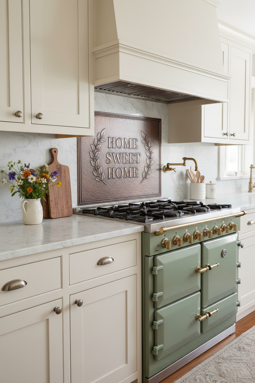 Home Sweet Home Copper Kitchen Backsplash in Cottage Farmhouse with Sage Green Range