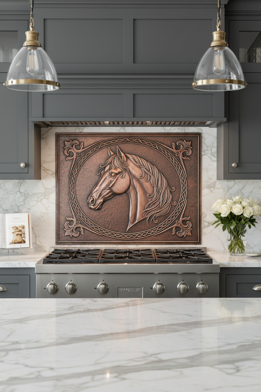 Horse Head Celtic - stove backsplash much closer front
