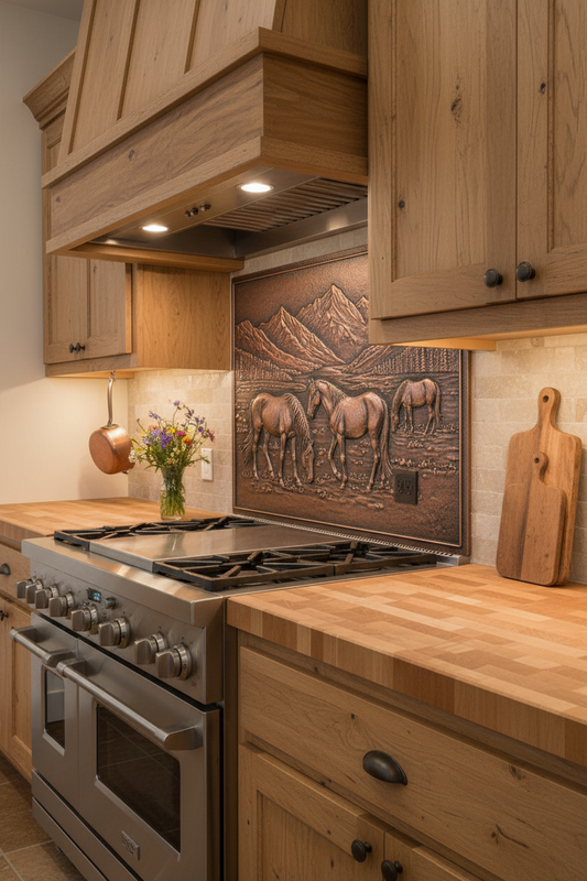 Horses in Valley Copper Kitchen Backsplash in Elegant Equestrian Estate with Butcher Block