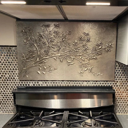 Gray Tree Branches Copper Backsplash | Modern Farmhouse Handmade Copper Kitchen Backsplash Panel