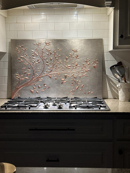 Gray Copper Tree Branches Backsplash | Handmade Copper Kitchen Backsplash Tile