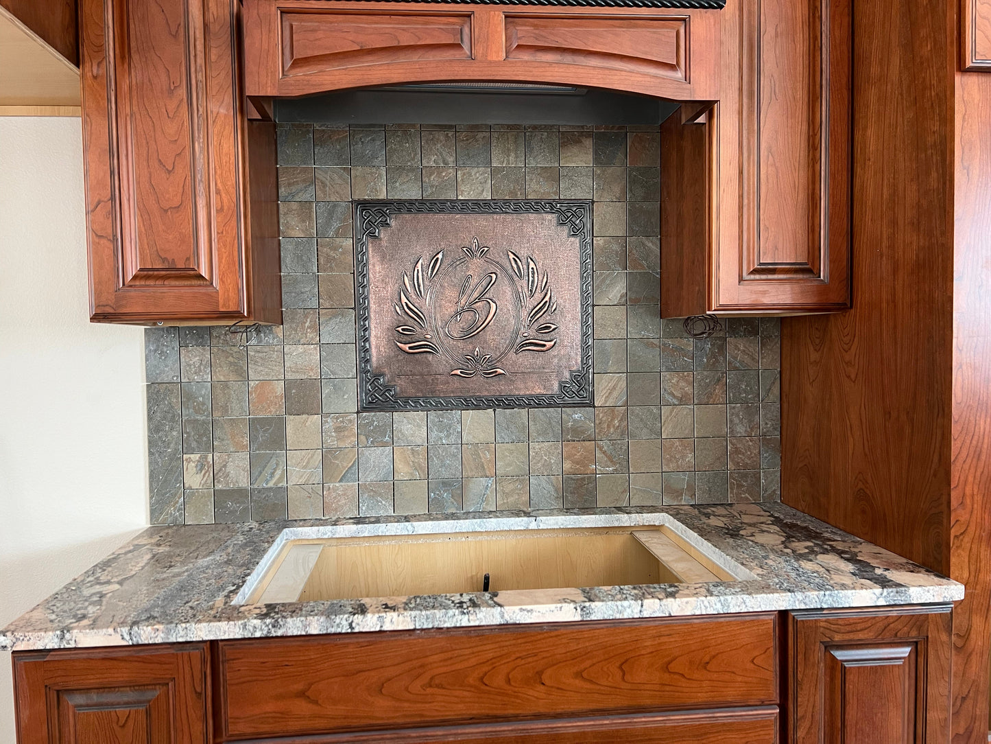 Monogram Letter Copper Backsplash — Brown Copper