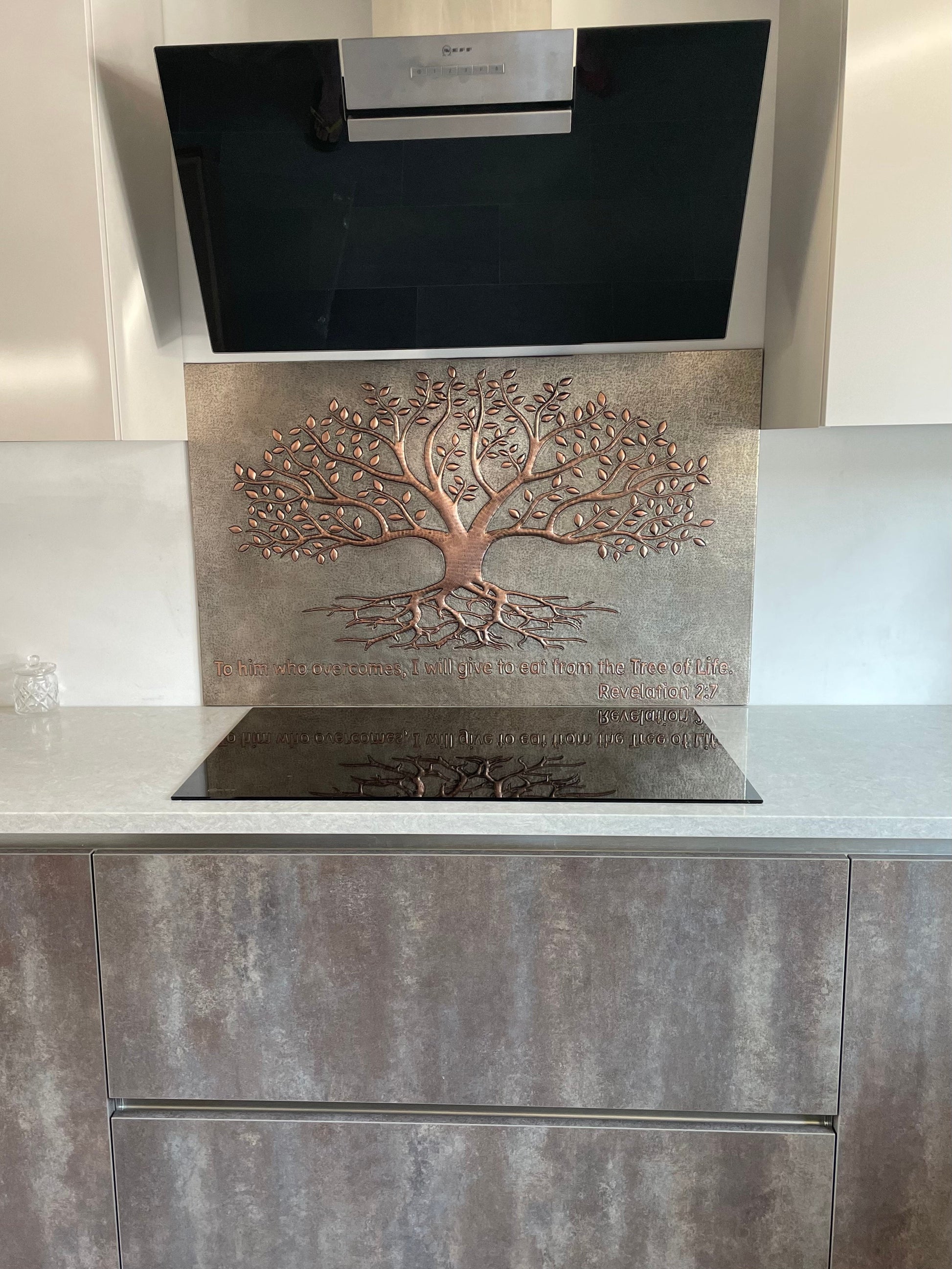 Gray & Copper Tree With Roots Backsplash | Modern Handmade Copper Kitchen Backsplash Panel - Natuross