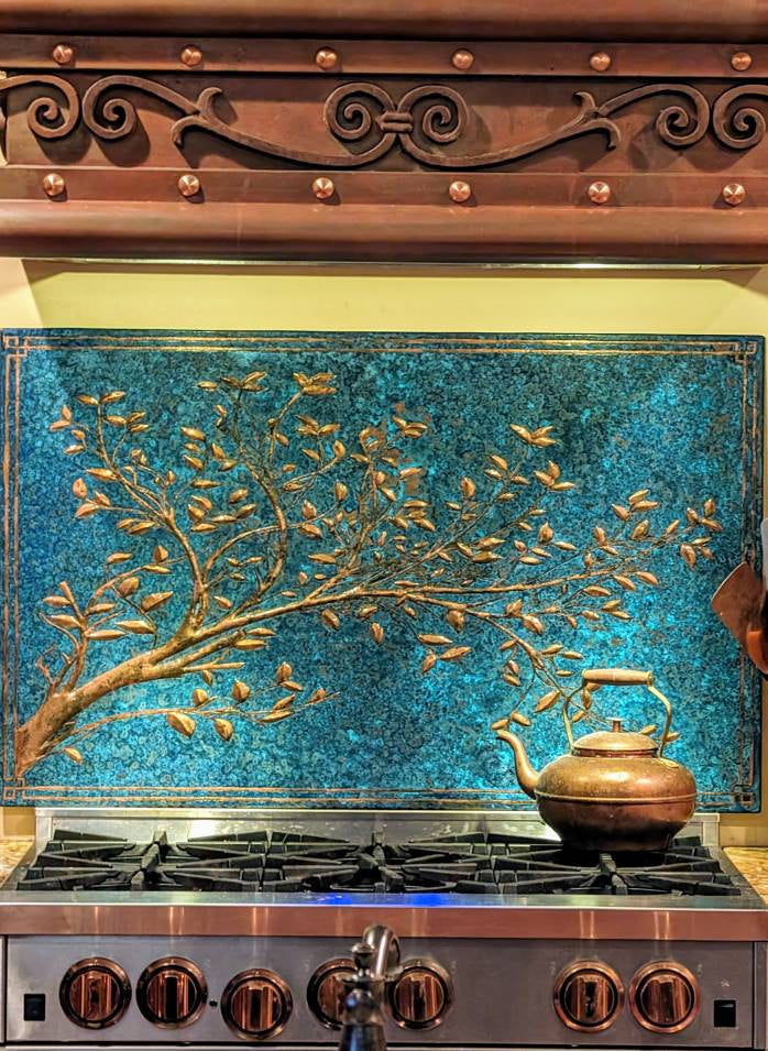 Blue Copper Tree Branches Backsplash | Artistic Handmade Copper Kitchen Backsplash Panel - Natuross