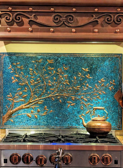 Blue Copper Tree Branches Backsplash | Artistic Handmade Copper Kitchen Backsplash Panel - Natuross