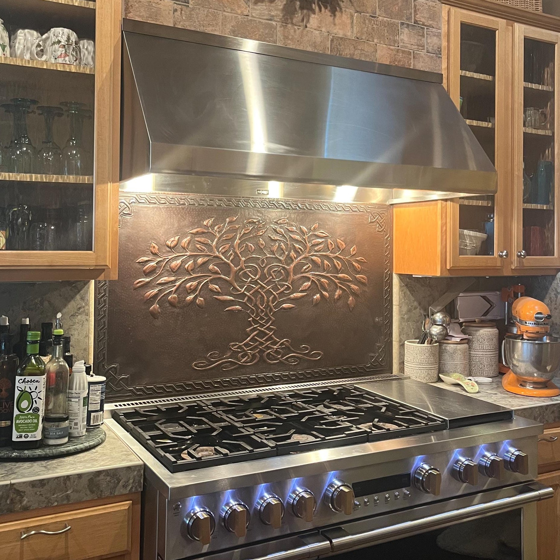 Brown Tree of Life Copper Backsplash | Rustic Handmade Farmhouse Copper Kitchen Wall Art - Natuross