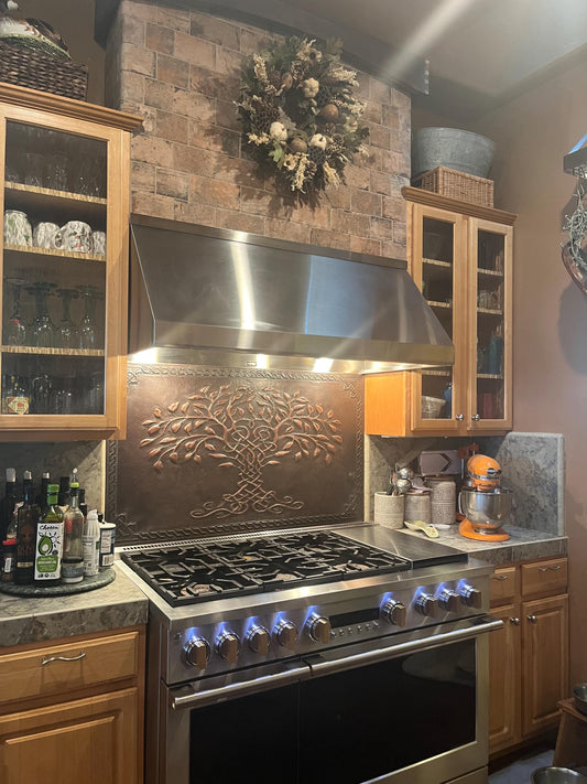 Brown Tree of Life Copper Backsplash | Rustic Handmade Farmhouse Copper Kitchen Wall Art - Natuross