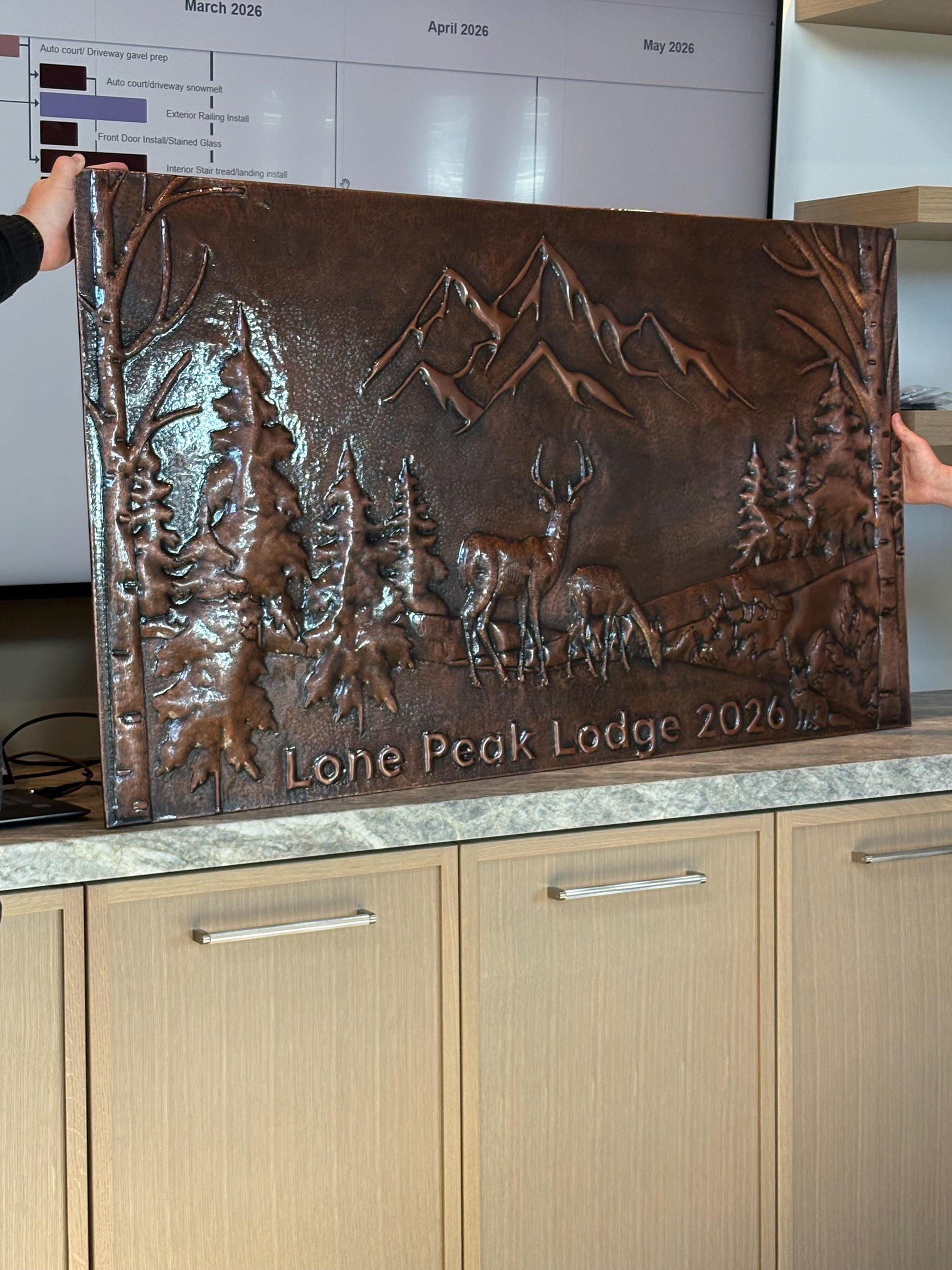 Wilderness Whisper Artisan Copper Backsplash - Mountain and Deer Design - Natuross