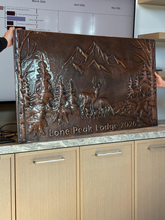 Wilderness Whisper Artisan Copper Backsplash - Mountain and Deer Design - Natuross
