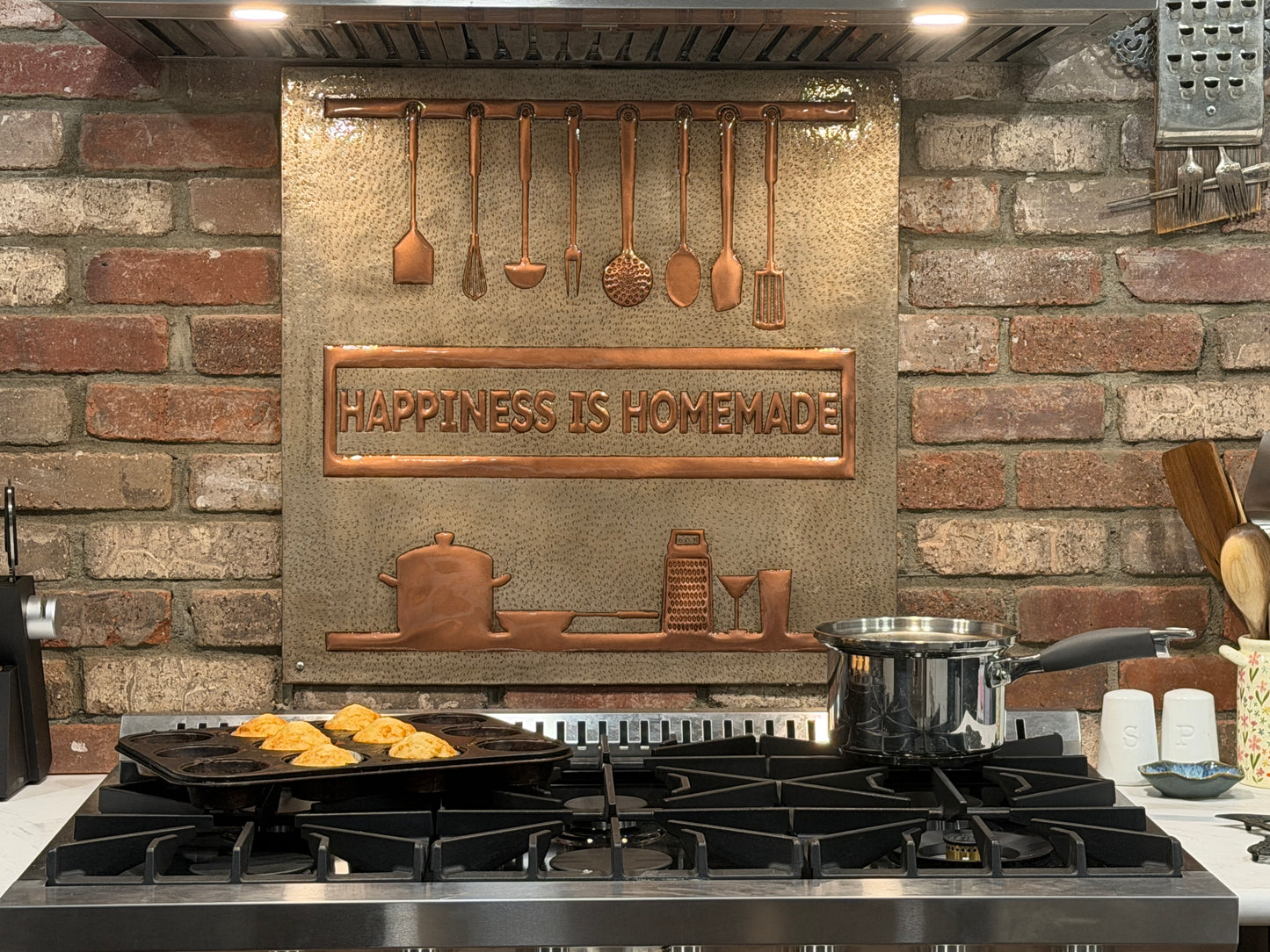 "Happiness is Homemade" Gray & Copper Kitchen Backsplash