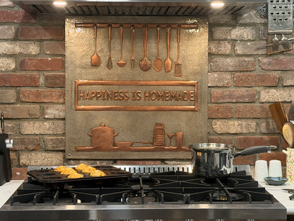 "Happiness is Homemade" Gray & Copper Kitchen Backsplash