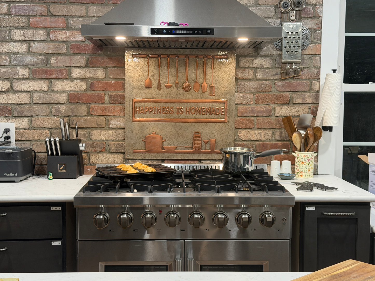 "Happiness is Homemade" Gray & Copper Kitchen Backsplash