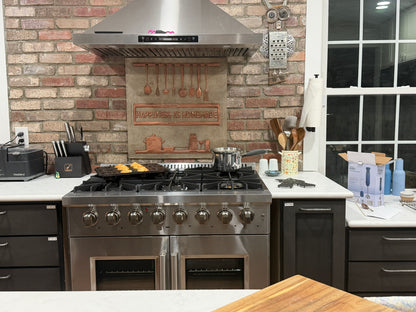 "Happiness is Homemade" Gray & Copper Kitchen Backsplash