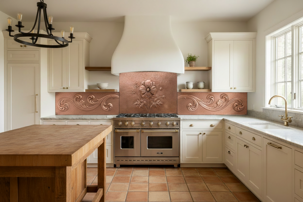 Three hand-hammered copper backsplash panels with continuous classical acanthus scroll repoussé design installed beneath smooth white plaster range hood — tall center panel with wide side panels filling full wall, thin shadow gap between panels
