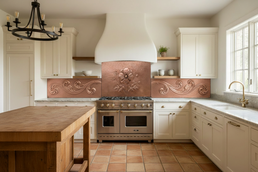 Three hand-hammered copper backsplash panels with continuous classical acanthus scroll repoussé design installed beneath smooth white plaster range hood — tall center panel with wide side panels filling full wall, thin shadow gap between panels