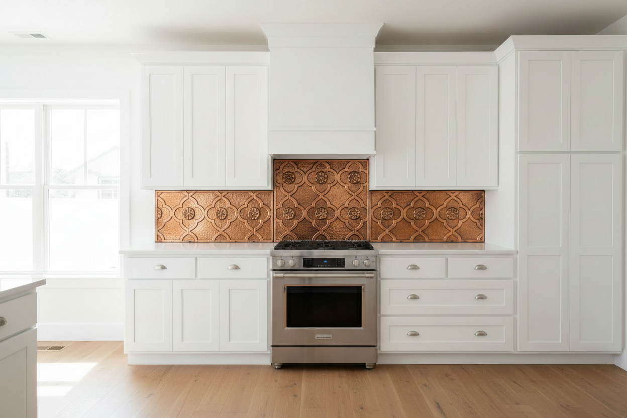Three hand-hammered copper backsplash panels with continuous medallion-in-ogee-lattice repoussé design installed beneath built-in cabinet-style range hood — center panel plus two side panels with thin shadow gap between them